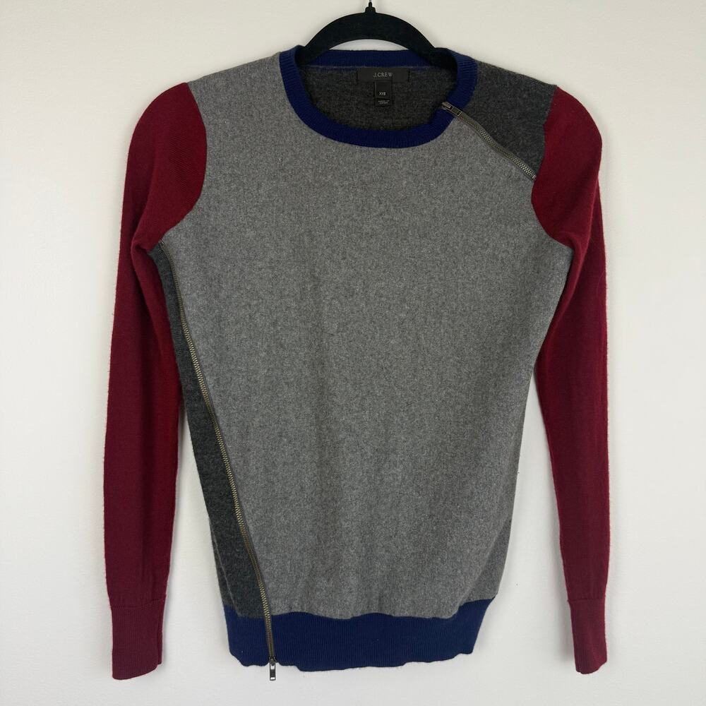 J.Crew Womens Asymmetrical Side Zip Wool Blend Color Block Grey/Red Sweater XXS